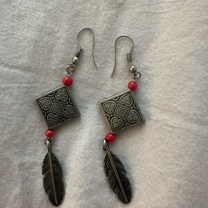 Bohemian Silver Coral Feather Earrings